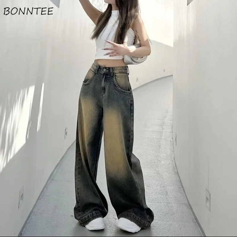 Wide Leg Jeans Women Plus Velvet Thicker Distressed Vintage Gradient High-waist Bleached Denim High Street Korean-style Do Old