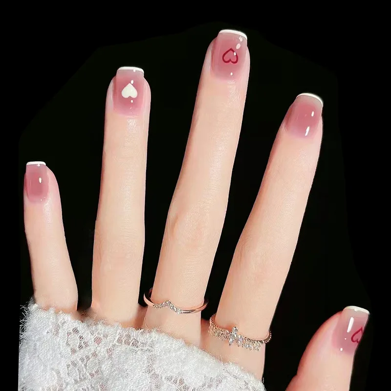 Unhas de dedo falsas francesas com cola, rosa amor, branco, curto, removível, quadrado, doce, pressione unhas acrílicas para meninas, verão, 24pcs