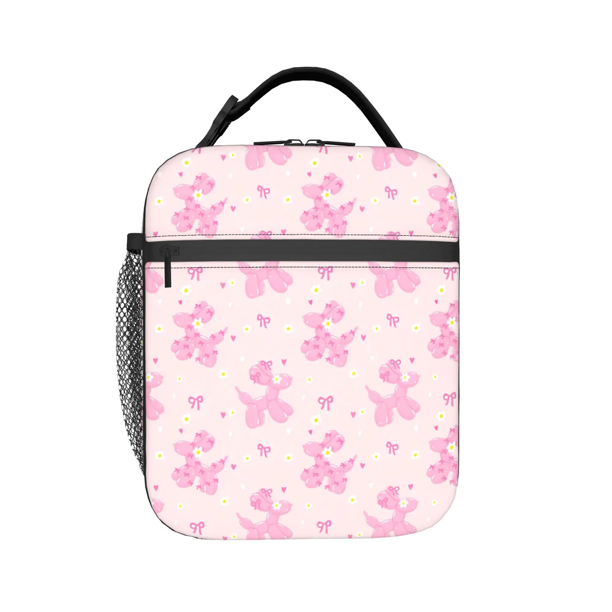 Coquette Pink Balloon Dog with ribbon bow Lunch Bag Fashion Lunch Box For Women Portable Cooler Bag Thermal Tote Handbags