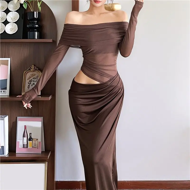 CYL-Damen-Mesh-Schulterfreies Kleid, elegantes, durchsichtiges, langärmliges, figurbetontes Maxikleid mit Rüschen