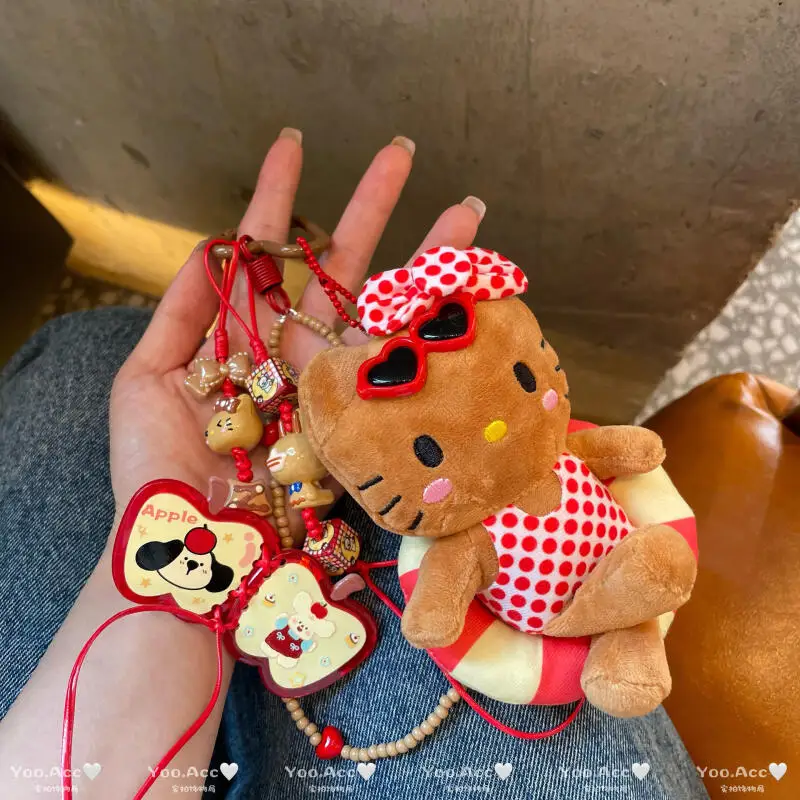 Hellokitty pluche telefoonketting Kawaii zwart leer roze Polka Dot Kt pop hanger auto hanger student rugzak sleutelhanger cadeau
