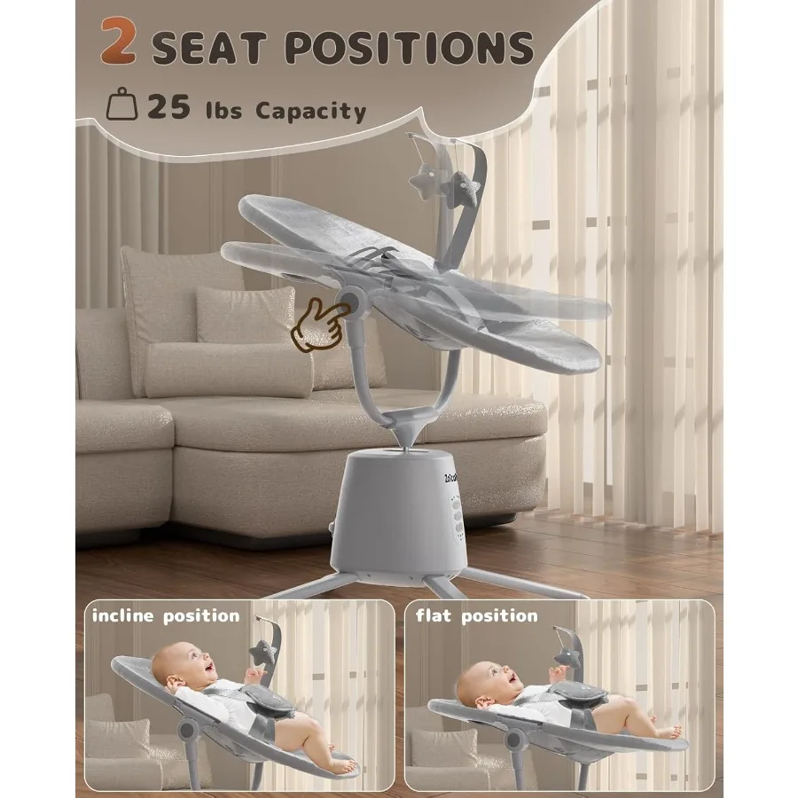 Lichtgewicht babyschommel voor baby's met 3 modi, 5 snelheden, BT-compatibele app, afstandsbediening, elektrische schommel, 6 slaapliedjes en 3 T