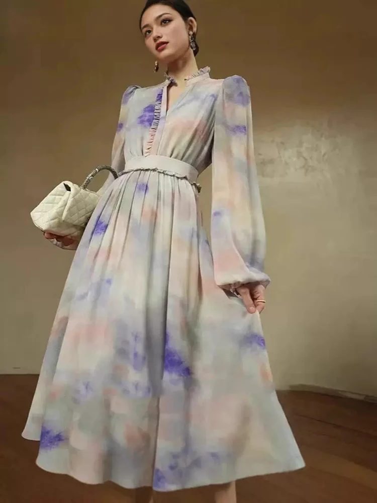 

Street Tie-dye Casual Skirt Outfit Spring Women Stand Collar Lantern Sleeve Top+High Waist Loose Bust Skirt Autumn Two Piece Set