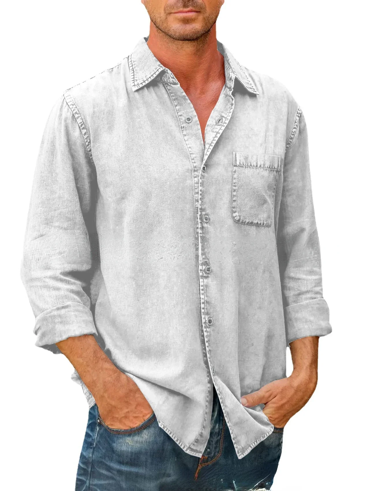 2024 Men\'s Casual Solid Color Long Sleeve Shirt Slim Lapel Shirt Streetwear Mens Shirts Linen Shirts Men T Shirt for Men