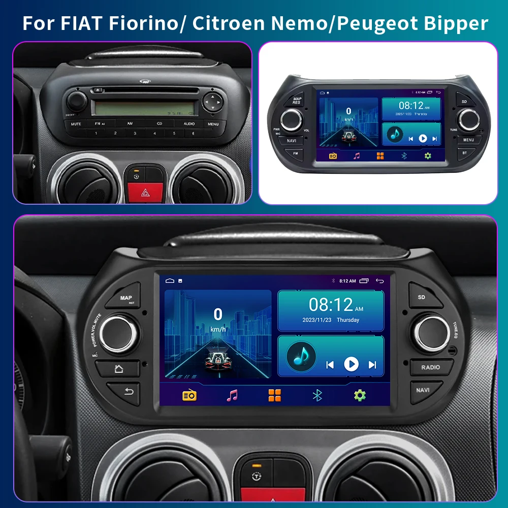 7\'\'Android 13 For Fiat Fiorino Qubo Citroen Nemo Peugeot Bipper Car Radio Multimedia Player Video Navigation Carplay GPS Autorad