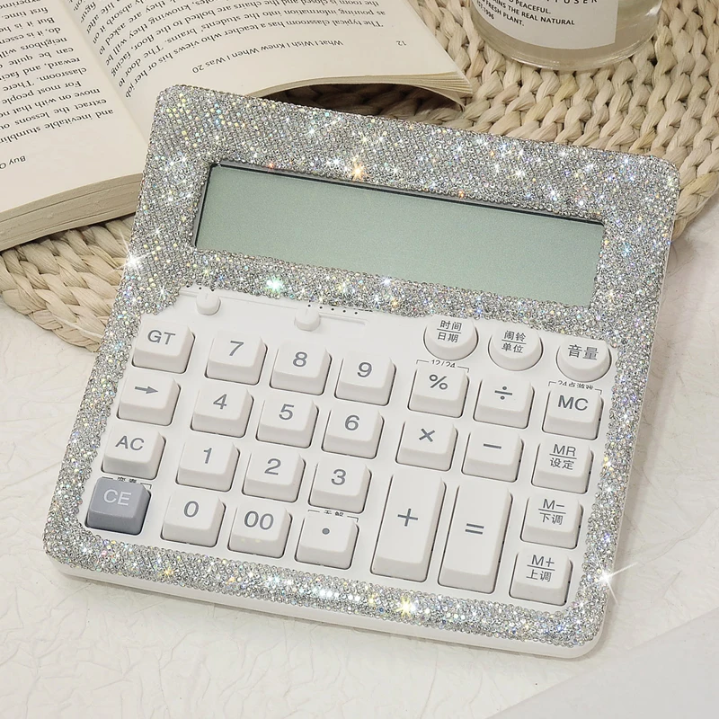 

Calculator Plastics Desktop Large Font with Rhinestones 12-Digit Large LCD Display Battery Computer for Home Office Supplies