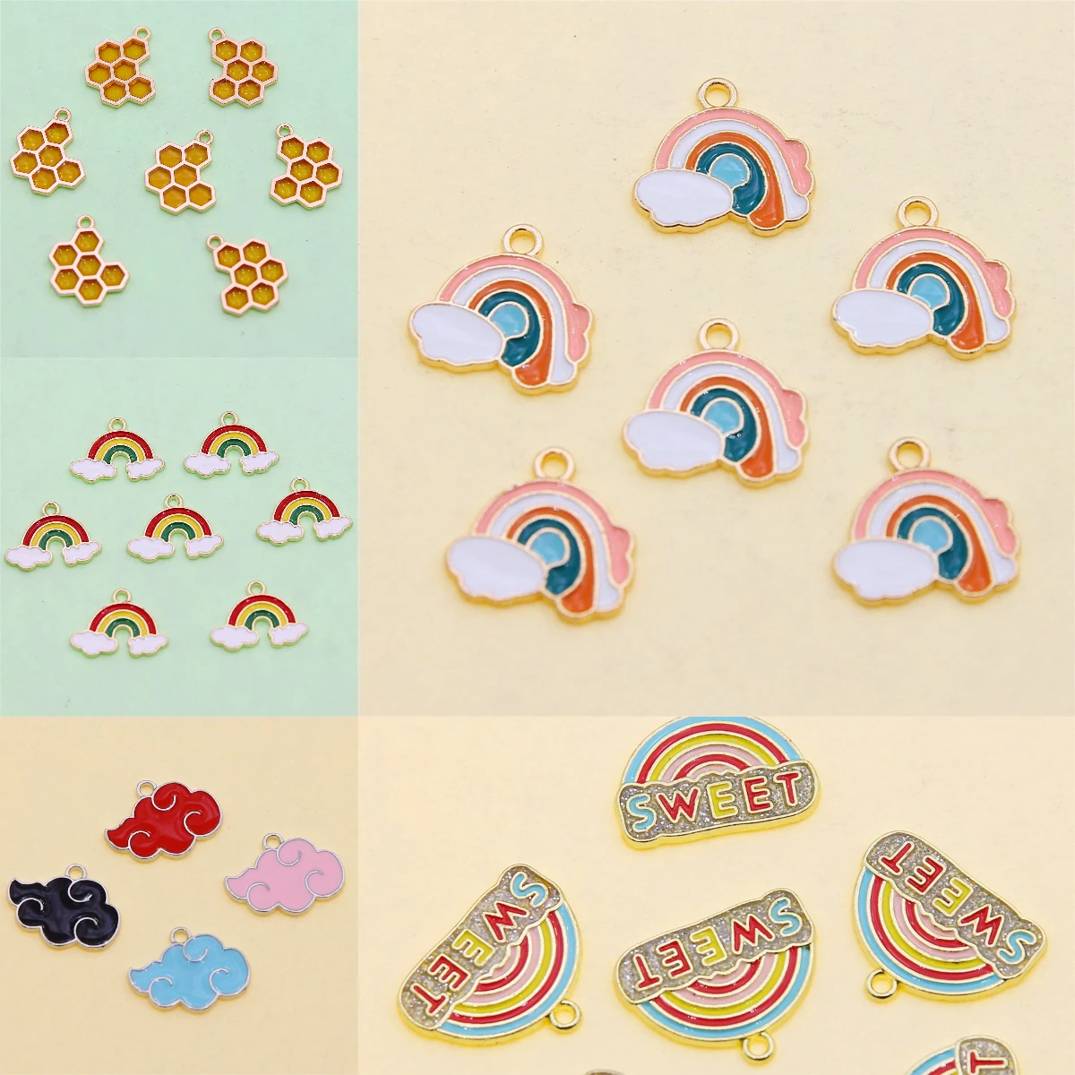 10pcs Cute Colorful Enamel Rainbow Cloud Pendant Golden Honeycomb Pendant DIY Necklace Earrings Hair Accessories Jewelry Making