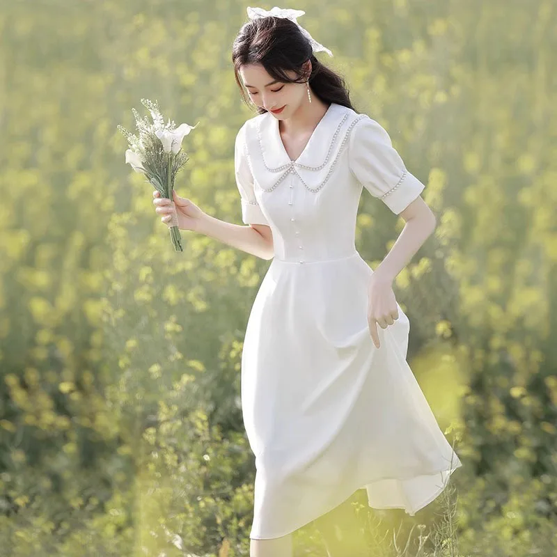 

White Korean Cute Evening Dress Elegant Double Layered Collar Wedding Party Dresses Tea-length Party Dresses Women Evening Dress