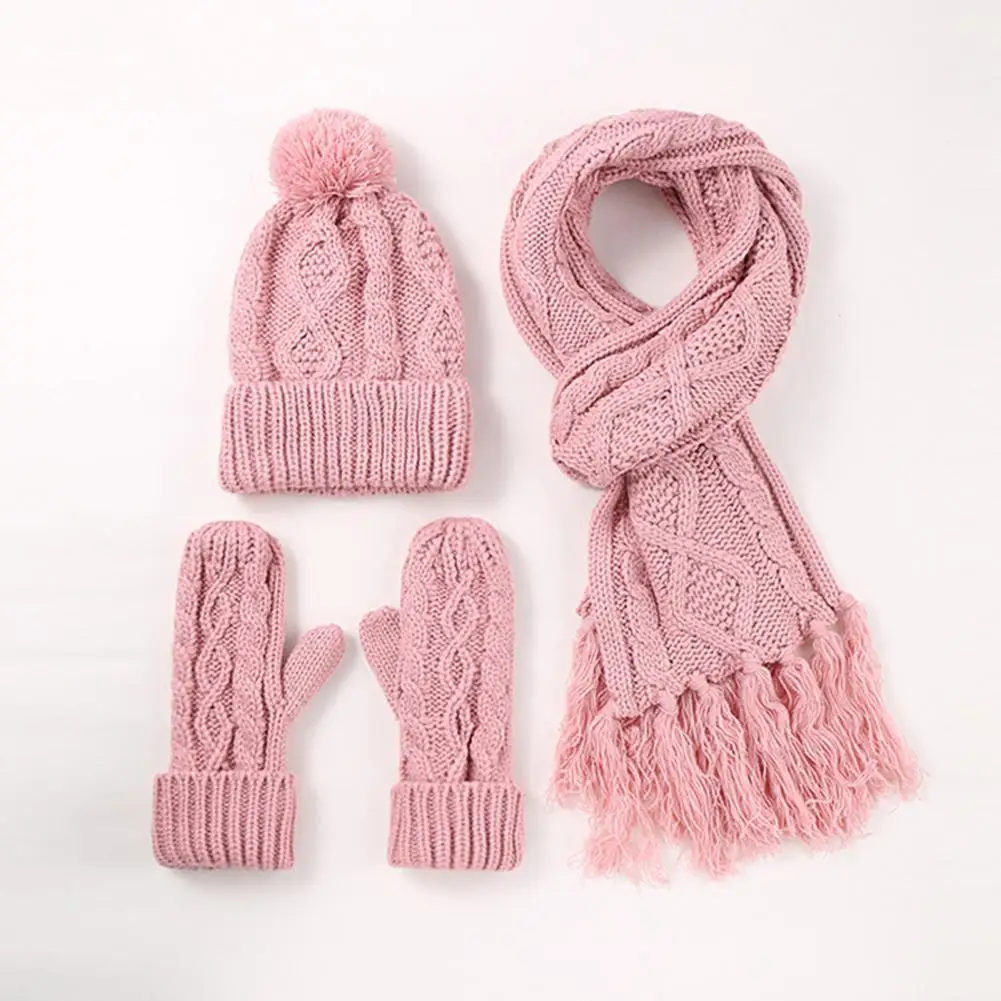 Elastic Knit Beanie Scarf Gloves Women's Winter Hat Scarf Gloves Set Thick Knitted Heat Retention Tassel Decor Windproof Outdoor