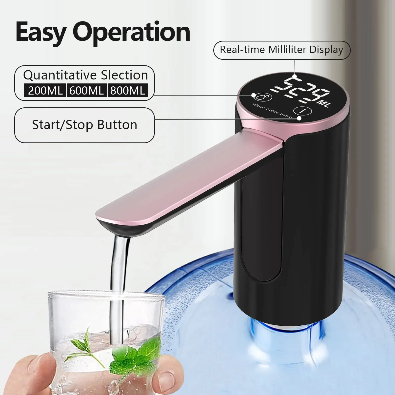 Water Dispenser for 2-5 Gallon Bottle, LED Display Touch Button 3 Quantitative Drinking Water Pump,Type C Charging Water Pump