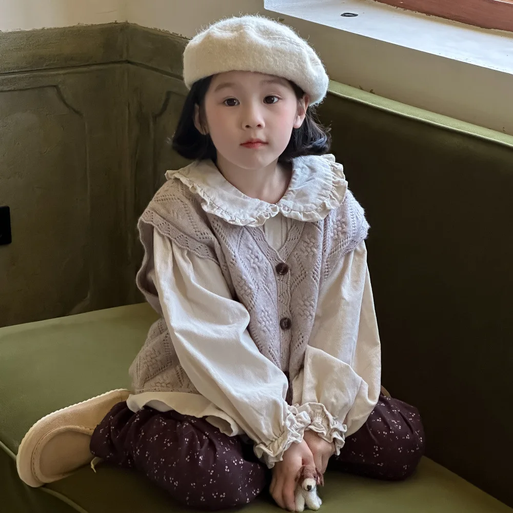 

Childrens Clothing 2024 Autumnfor Baby Girls Korean Solid Color Casual Knitted Vest Childrens Loose Casual Shirt Top