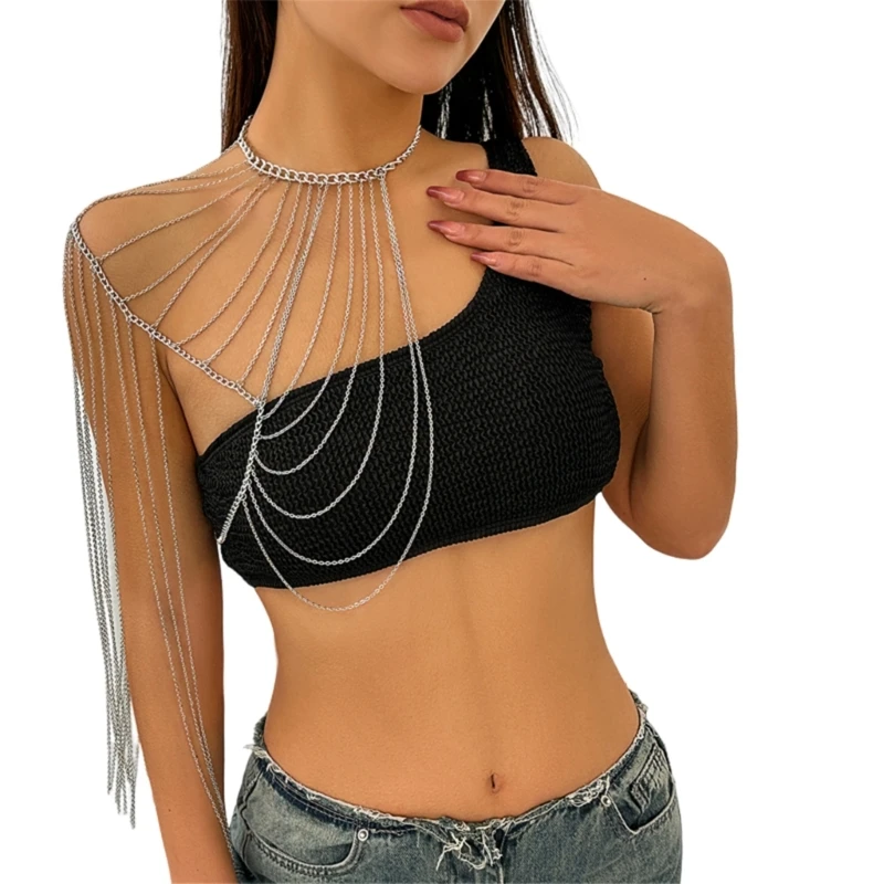 F42F Creative Shoulder Necklace Chain Woman Sexy Shoulder Chain with Long Fringes