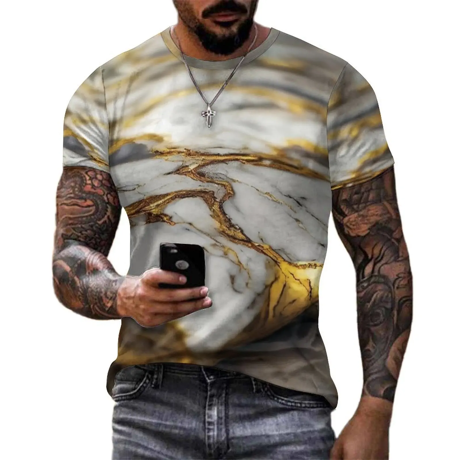 Mens White Gold Vintage Marble T Shirt  Fashion T-Shirts Short Sleeve Graphic Tops Hot Sale Original Kawaii Plus Size Clothing