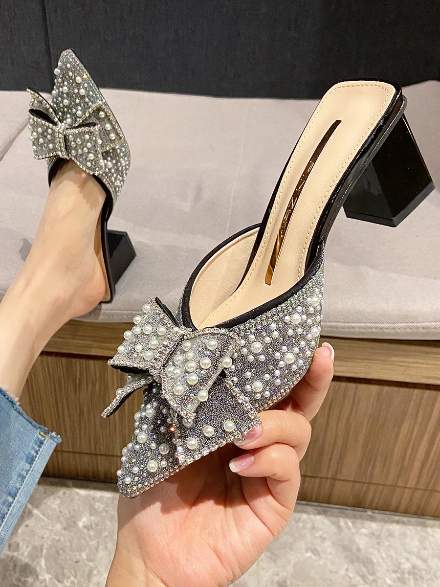 Korean Style  Knot Diamond Embellished Pointed Toe Thick Heel Semi Slip-On Women's Shoes Comfortable Ultrafine Fiber