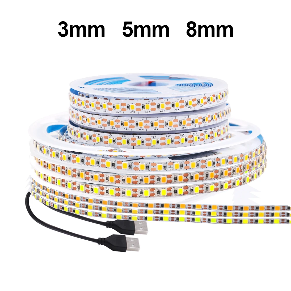 3MM 5MM 8MM USB LED Strip Lights DC 5V 2835 120LEDs/m Flexible LED String Light Diode Tape White Warm White LED Lights For Room