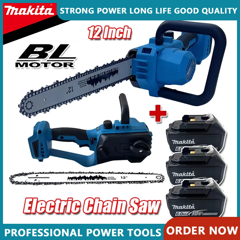 마키타 12인치 무선 블루 전기 체인톱 600W 핸드헬드 브러시리스 목공용 체인톱 파워 툴 마키타 18V 배터리용