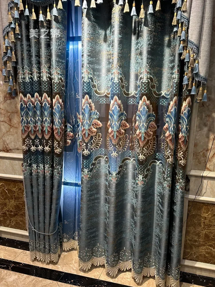 Customized Blue Gray Embroidered Window Screen Chenille Hollowed Out Curtains for Living Room Bedroom French Window Villa Balcon