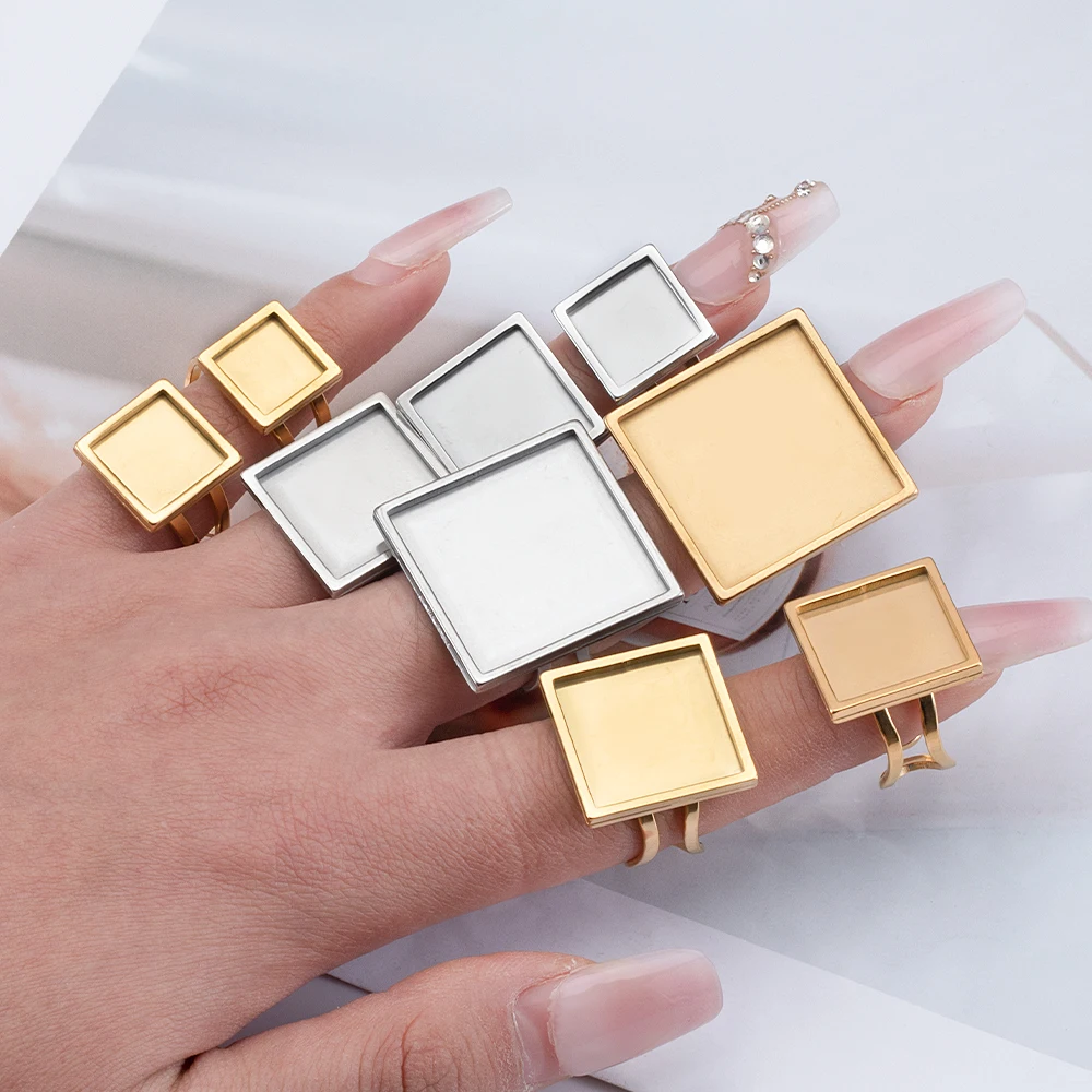 4pcs Stainless Steel Square Ring Blank Tray Adjustable Open Finger Ring Setting Base 10-25mm Cabochon Bezel DIY Jewelry Making