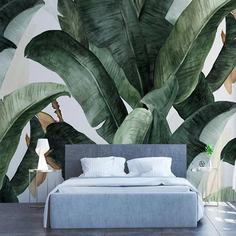 Customized product 3D Wallpaper Home Decor Retro Nostalgic Pastoral Hand Painted Banana Leaves Living Room mural dark green leaf