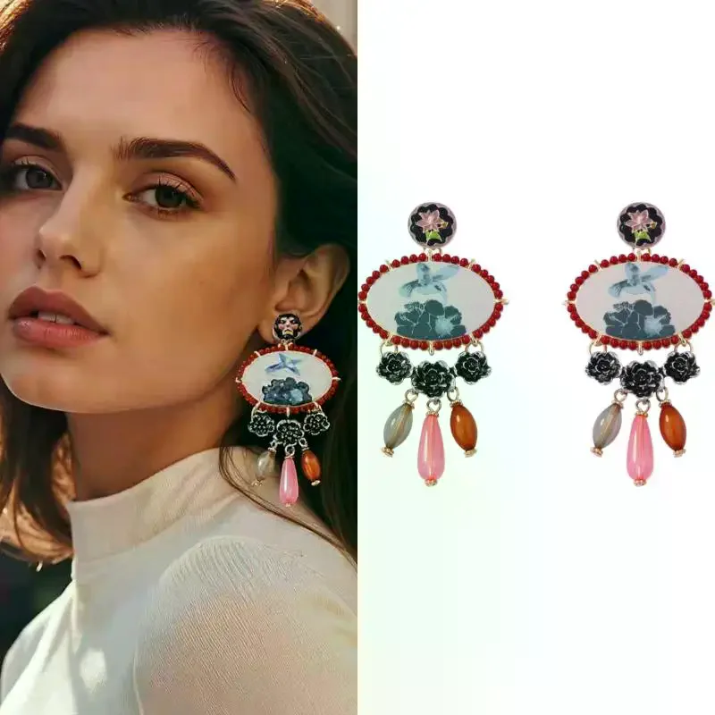 Ethnic Style Bohemian Fly Bird Printed Alloy Flower Water Drop Pendant Earrings For Women Banquet Party Jewelry Gifts Vintage