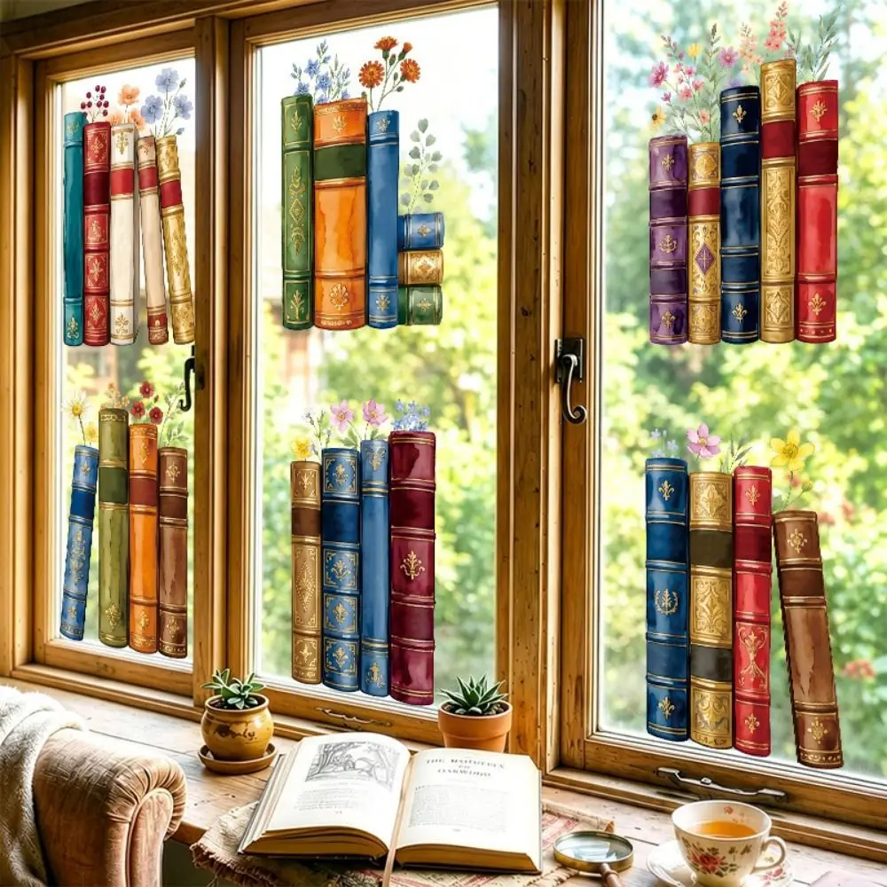 6PCS/Set Multicolor Bookshelf Window Stickers Cartoon Books Static Cling Bookshelf Window Decals No Fade No Residue