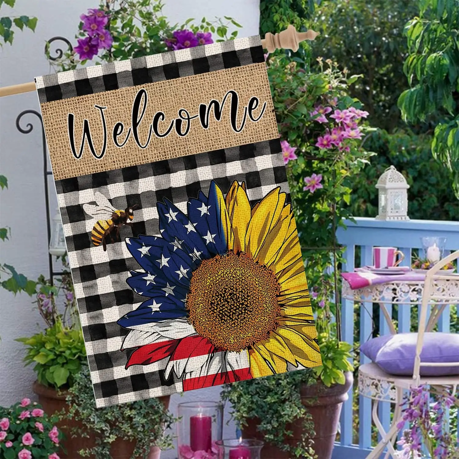 Summer Sunflower Patriotic House Flag 28 × 40 Inch 4th of July Buffalo Plaid Double Sided Burlap Flag for Seasonal Anniversa uui