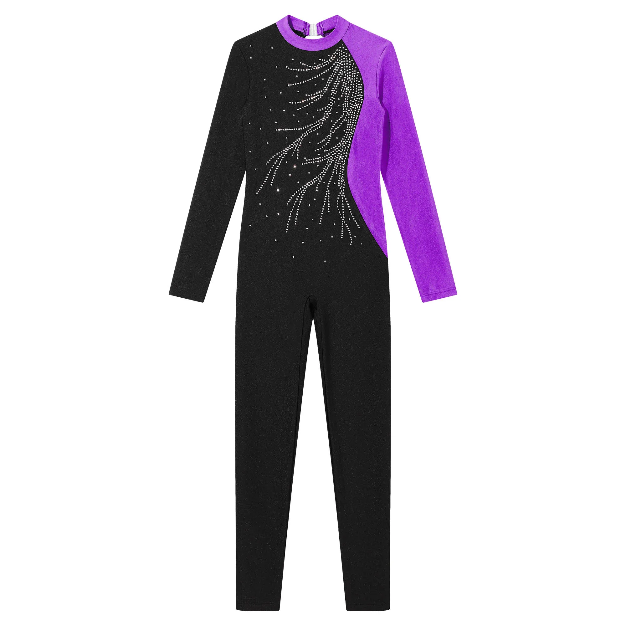 Kids Girls Long Sleeve Rhinestones Hollow Back Ballet Gymnastics Jumpsuit Dance Competition Performance Figure Skating Bodysuit