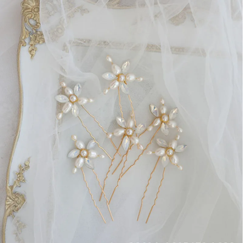 

Свадебные заколки для волос Floralbride ручной работы из сплава с цветами, листьями и пресноводным жемчугом, украшения для волос для женщин, аксессуары для прически