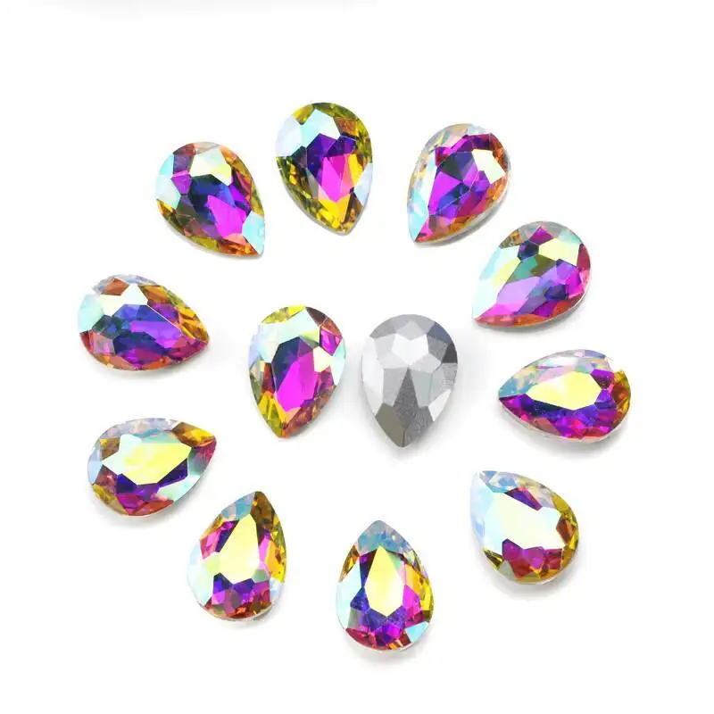 QL Glittery Colorful Tear Drop Glass Rhinestones Glass Crystal Pointback Rhinestones Glue on Garment Crafts Jewelry Accessories