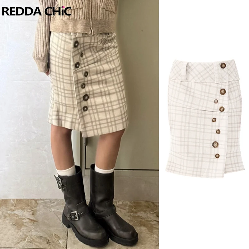 

ReddaChic White Plaid Bodycon Skirt Vintage Irregular Button Casual Slim Low Rise Checkered Long Skirt School Work Women Clothes