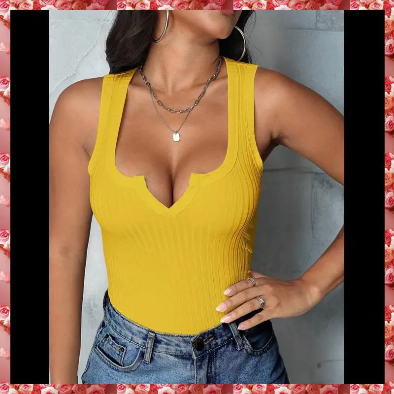 Women's Summer Sleeveless Tops Ribbed Knit Notched V Neck Fitted Tank Shirts