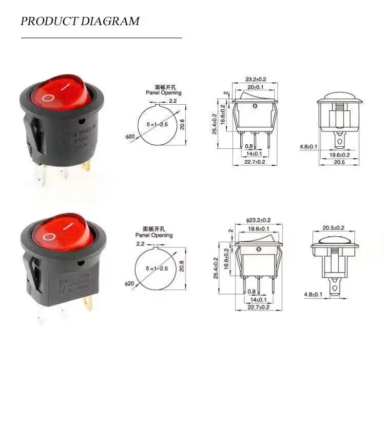 Uniteelec 10 Uds ON/OFF/ON ON-OFF 2/3 posiciones SPDT /DPDT/SPST/DPST interruptor basculante redondo para barco 6A/250V 10A/125V