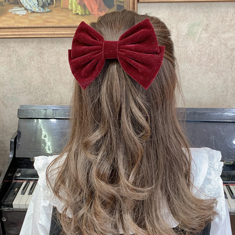 2023 Black Velvet Bow Hair Pins Elegant Fabric Red Roses Hair Clips for Women Fashion Ponytail Ring Barrette Heawear Accessories