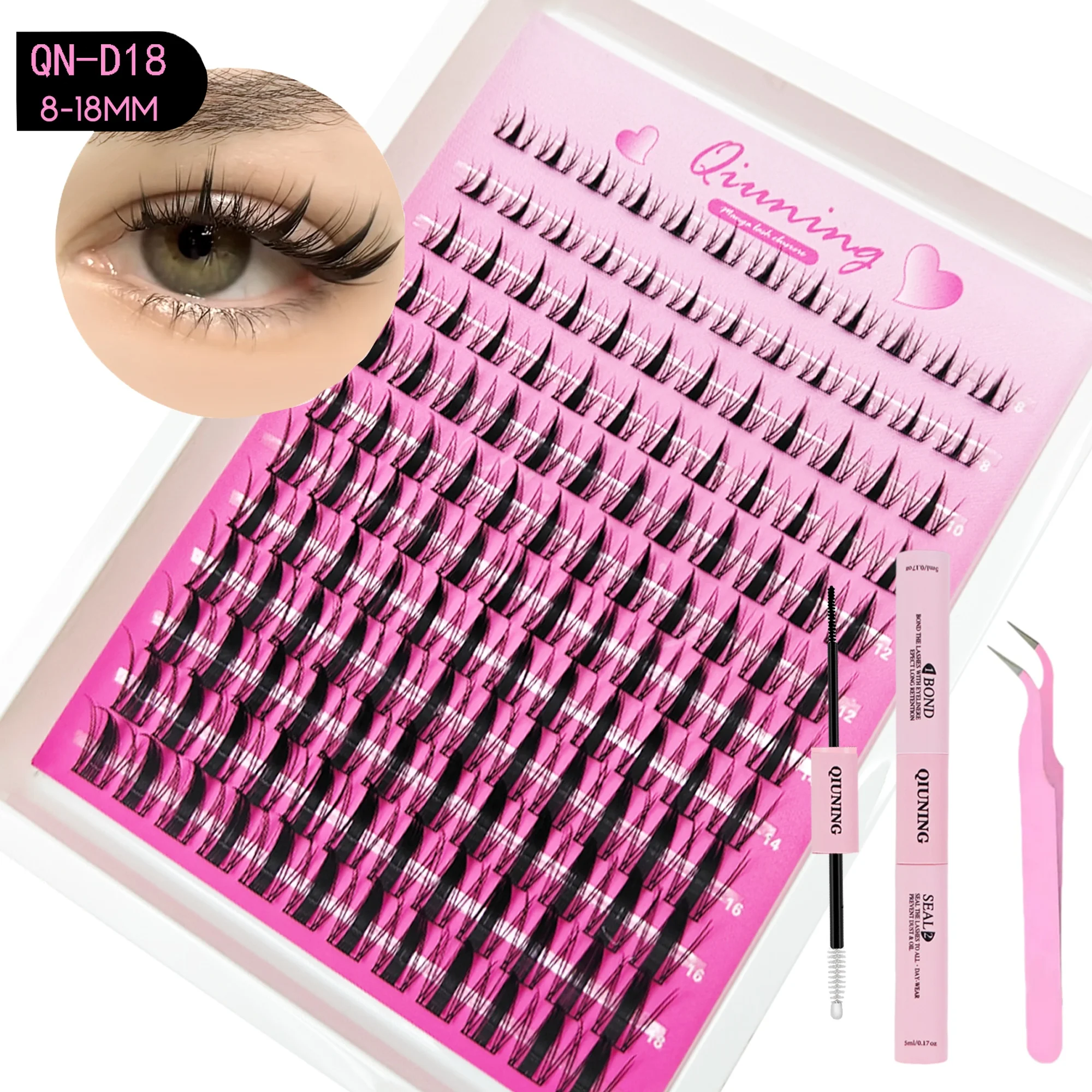 Kit de Cils en Grappes QIUNING Manga, Cils Effet Chat avec Colle et Scellant, Extensions de Cils en Grappes, Plateau Mixte de Cils en Grappes