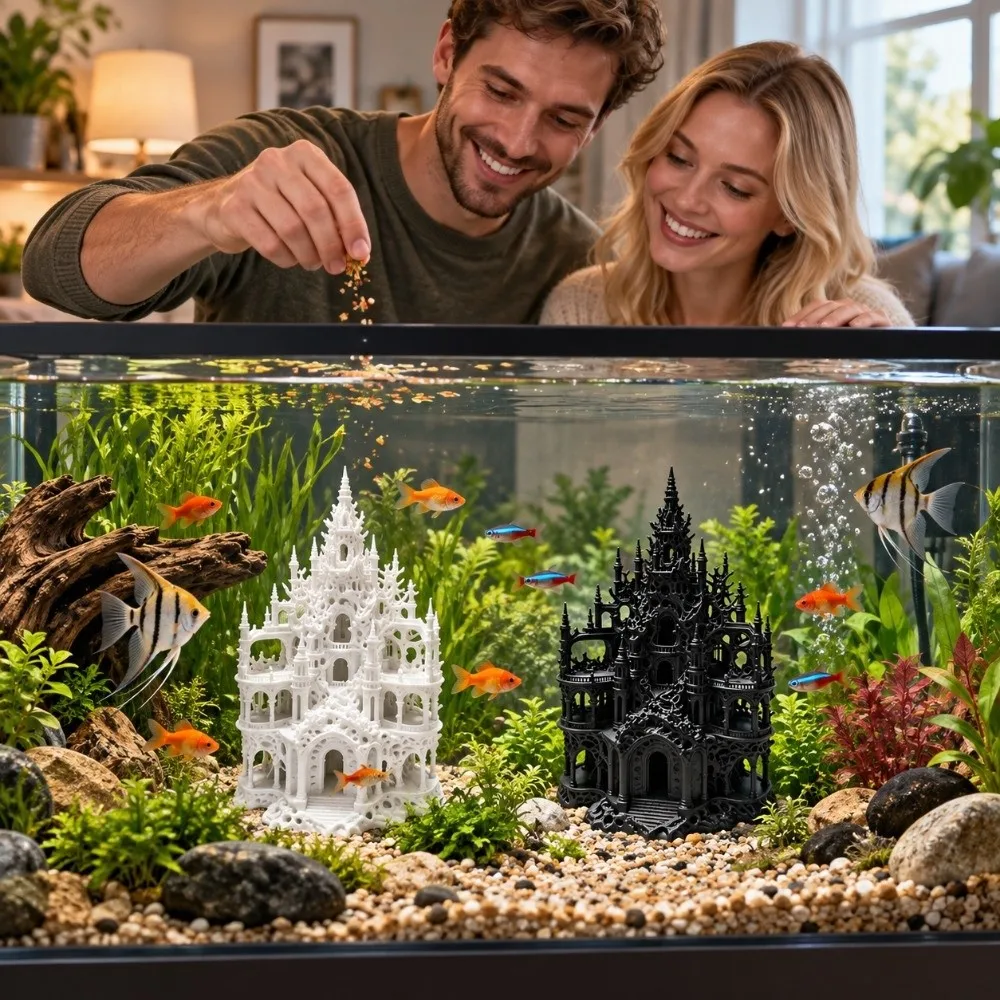 3D Printed Aquarium Castle Ornament Gothic Style Hollowed-out Fish Hiding House Natural Look Plastic Fake Castle Figurine