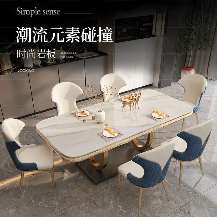 Bright rock slab dining table and chairs rectangular stainless steel household small apartment