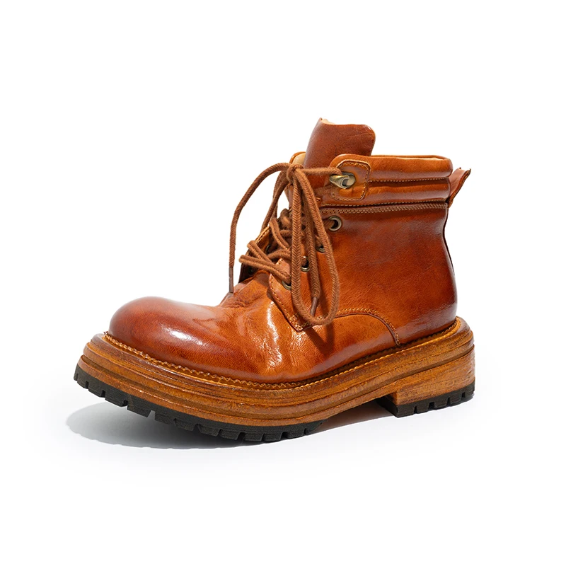 

Handmade Genuine Leather Riding Boots Men's Shoes Retro Casual Thick Sole High Top Lace Up Chelsea Knight Hiking Boots Male