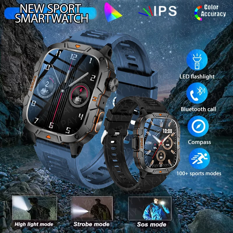 

2025 New men's outdoor LED flashlight Bluetooth Talk smart watch 1.96inch 5ATM IP68 waterproof health monitoring smart watch