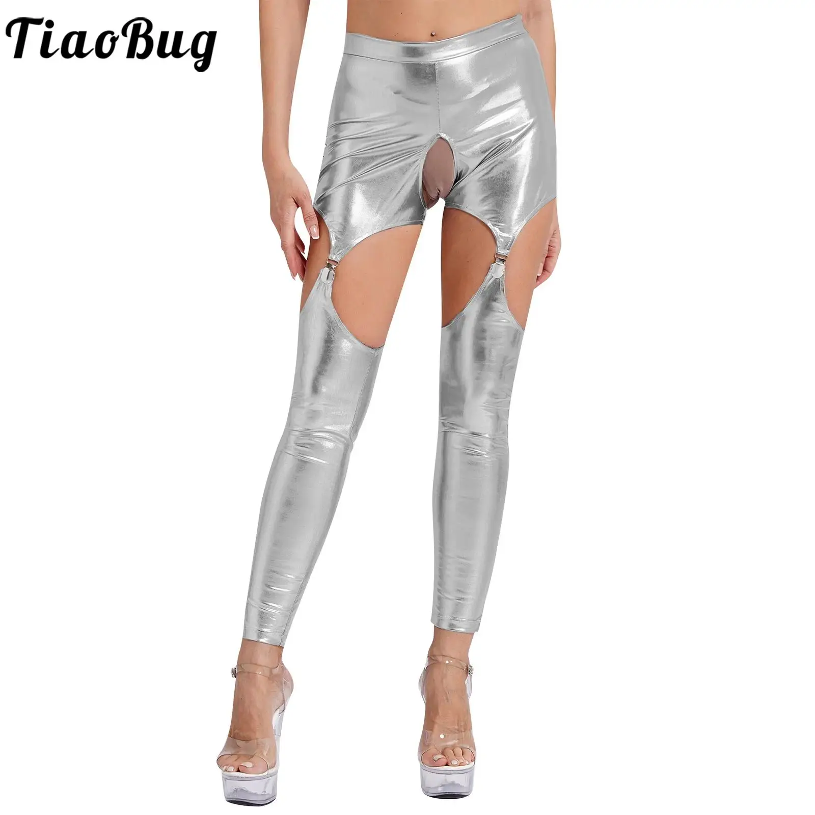 

Womens Metallic Shiny Gothic Garter Leggings with Metal Clips High Waist Hollow Out Open Crotch Tights Solid Skinny Long Pants