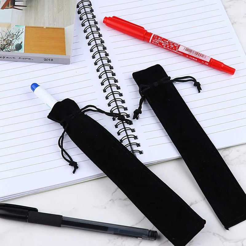 100Pcs Velvet Pen Pouch Black Drawstring Bag Single Pen Holder Packaging Sleeve For School Office Business Gift