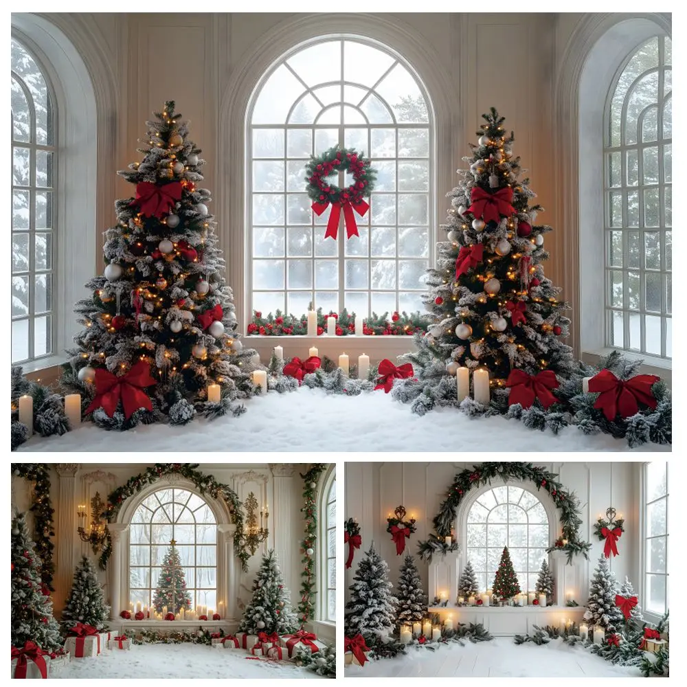 

Christmas Photography Background Xmas Tree Room Window Outside Snow Scene Winter Interior Baby Kids Portrait Photocall Backdrop