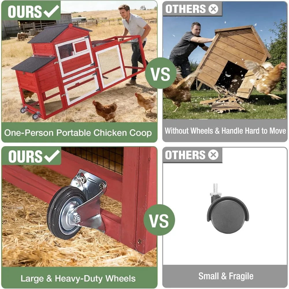 Mobile Chicken Coop with Wheels for 4-6 Chickens, Large Outdoor Hen House with Run, Weatherproof Asphalt Roof, Sectionable Nesti
