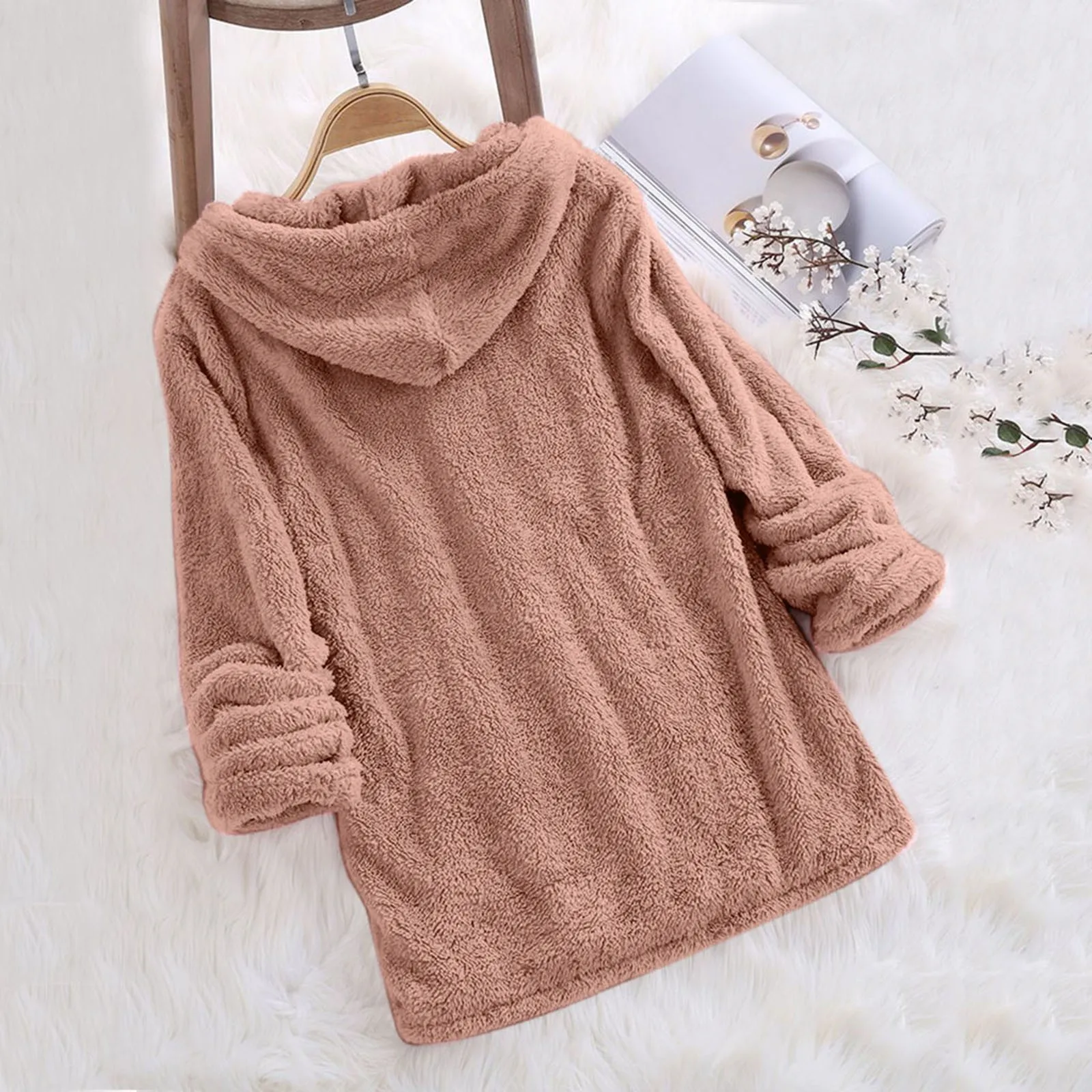 Felpe con cappuccio in pile caldo tinta unita felpe con cappuccio Oversize a maniche lunghe con coulisse pullover autunno inverno termico abbigliamento donna