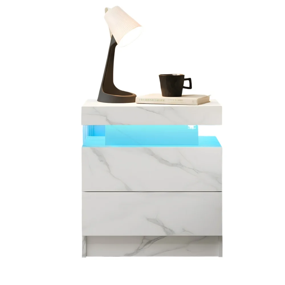 

Nightstand LED Bedside Table Cabinet Lights Modern End Side with 2 Drawers for Bedroom (White Stone)