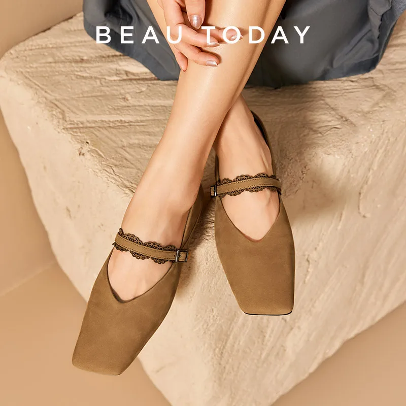 BEAUTODAY Mary Janes kobiety skóra cielęca kwadratowe Toe koronkowe dekoracje płytki pasek z klamrą damskie eleganckie buty sukienka ręcznie robione 18295