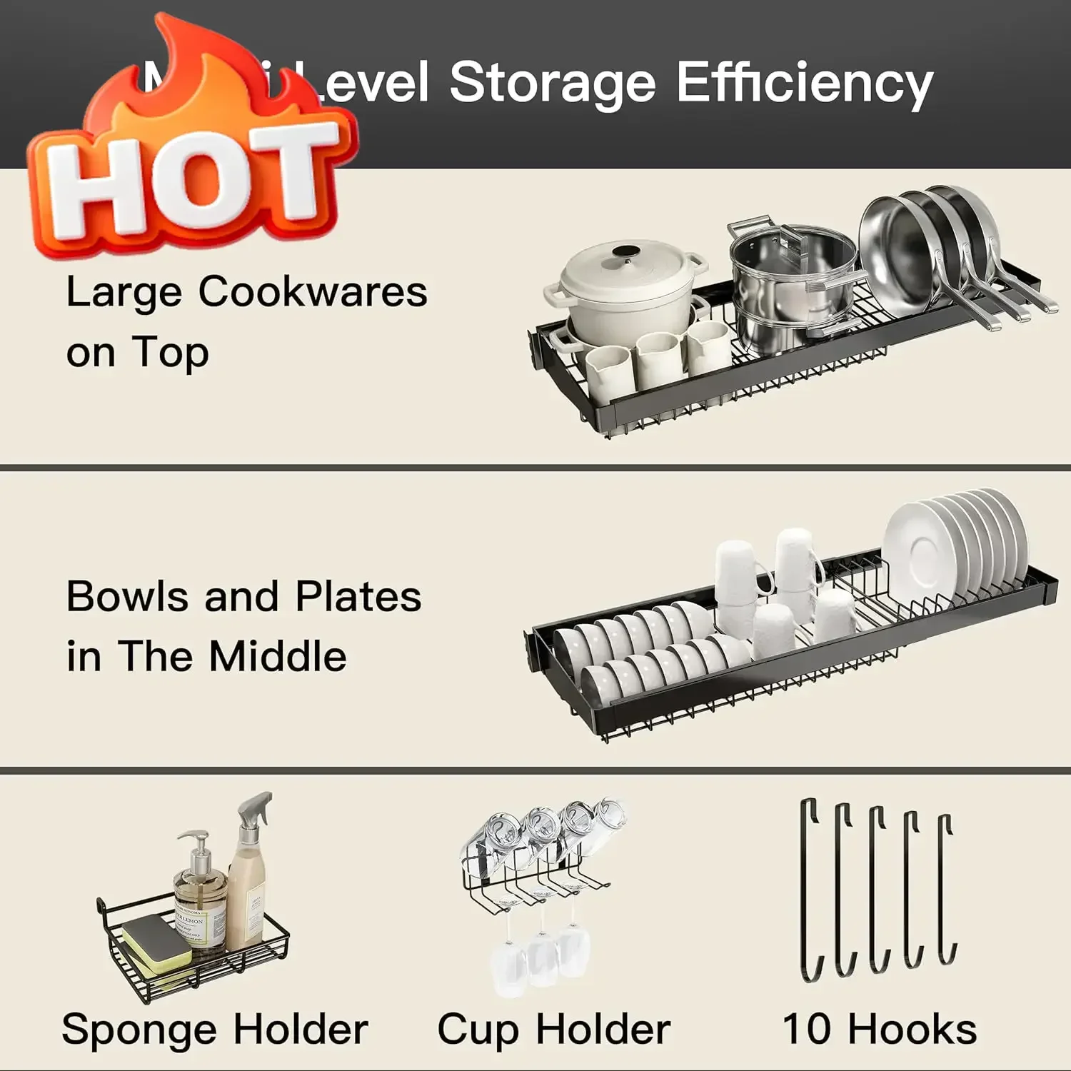 

3 Tier Extra Large Stainless Steel Expandable Over The Sink Dish Drainer Drying Rack, Rust Proof Metal, Space Saving, Modern Bla