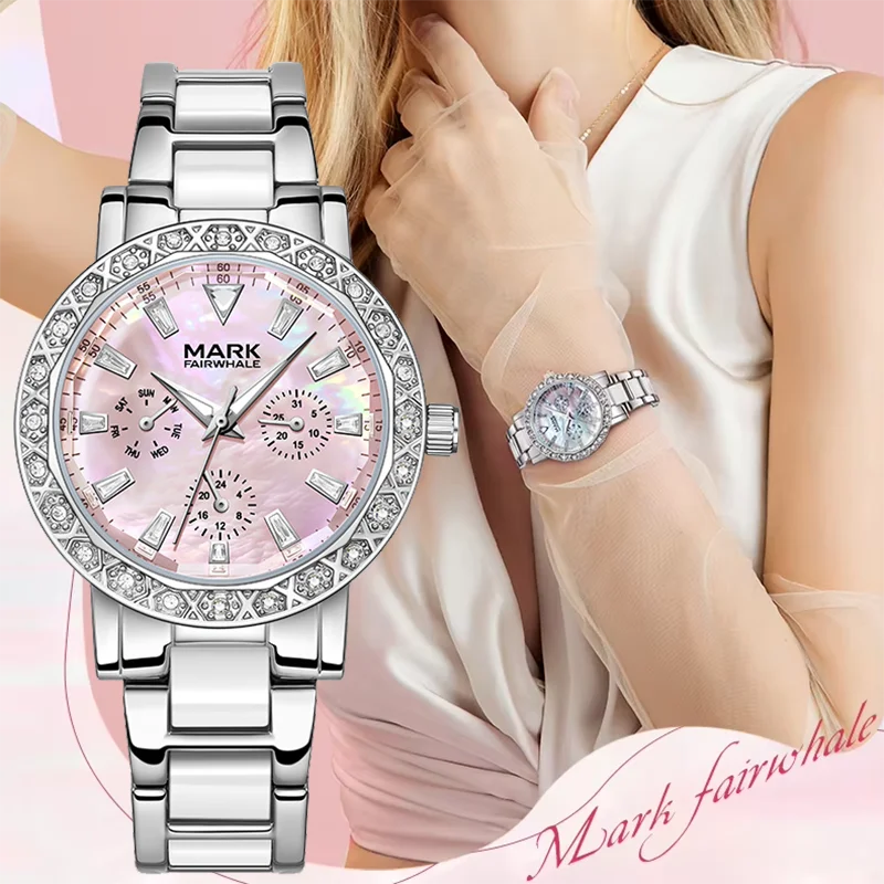 Mark Fairwhale Dress Pink Diamond Quartz Watch for Women Fashion Ceramic Chain Luxury Brilliant Beimu Ladies Wristwatch