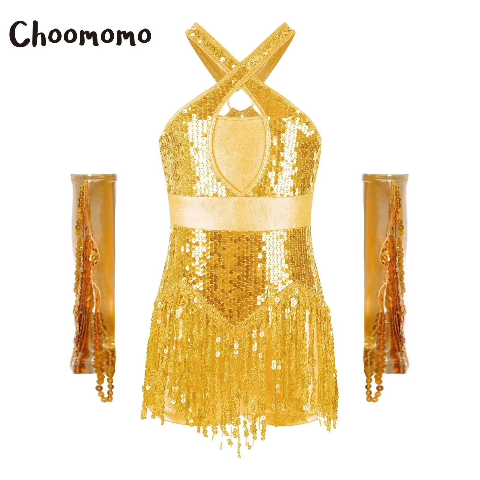 

Girls Latin Dance Leotard Cross Back Sparkly Sequin Tassel Jumpsuit with Metallic Gloves Cha-Cha Samba Salsa Performance Costume