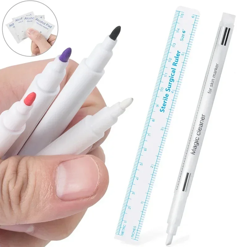 Rotulador de piel para tatuaje, accesorios de herramientas, marcador de piel quirúrgico para cejas, bolígrafo de punta fija con juego de regla, 5 uds.