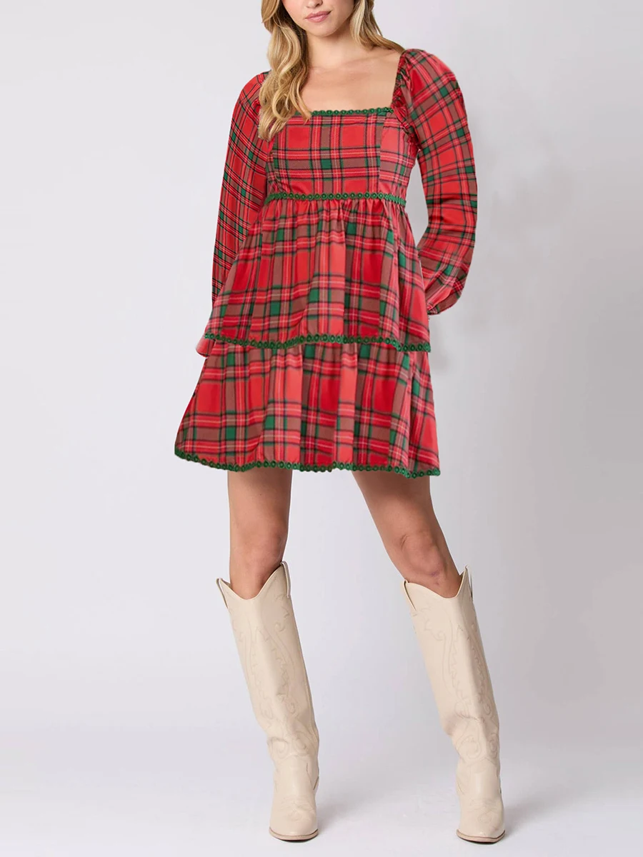 Women's Fall Long Sleeve Dresses Fashion Contrast Color Plaid Pattern Casual A Line Dresses